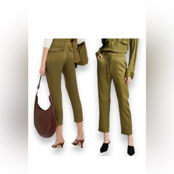Veronica Beard Pants - Veronica Beard Miranda Pant Olive Green Satin Crepe Pockets High Rise Si…